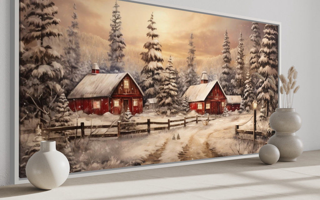 Red Barn Wall Art - Rustic Christmas Farm Art Framed Canvas for Cozy Farmhouse Decor