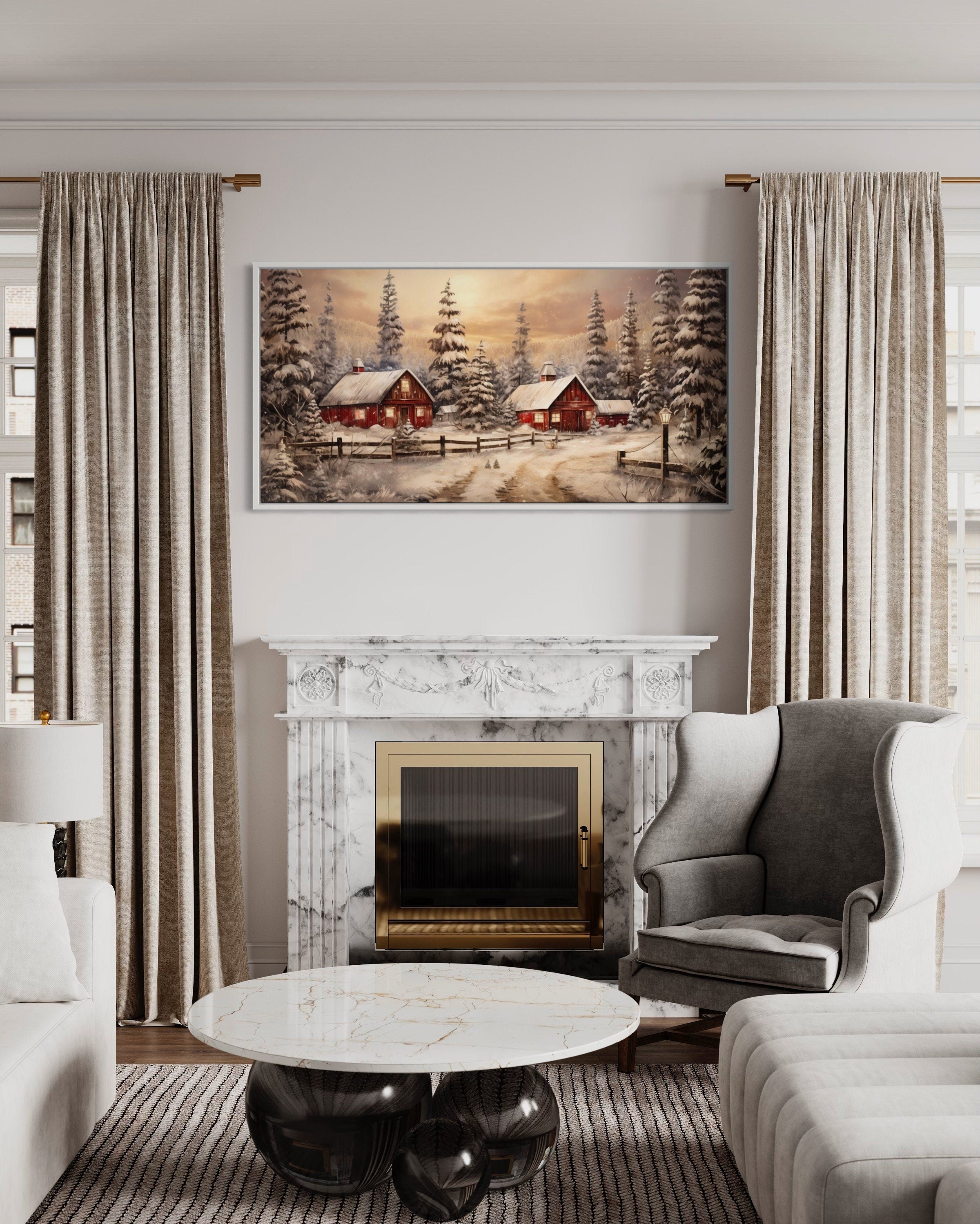 Red Barn Wall Art - Rustic Christmas Farm Art Framed Canvas for Cozy Farmhouse Decor