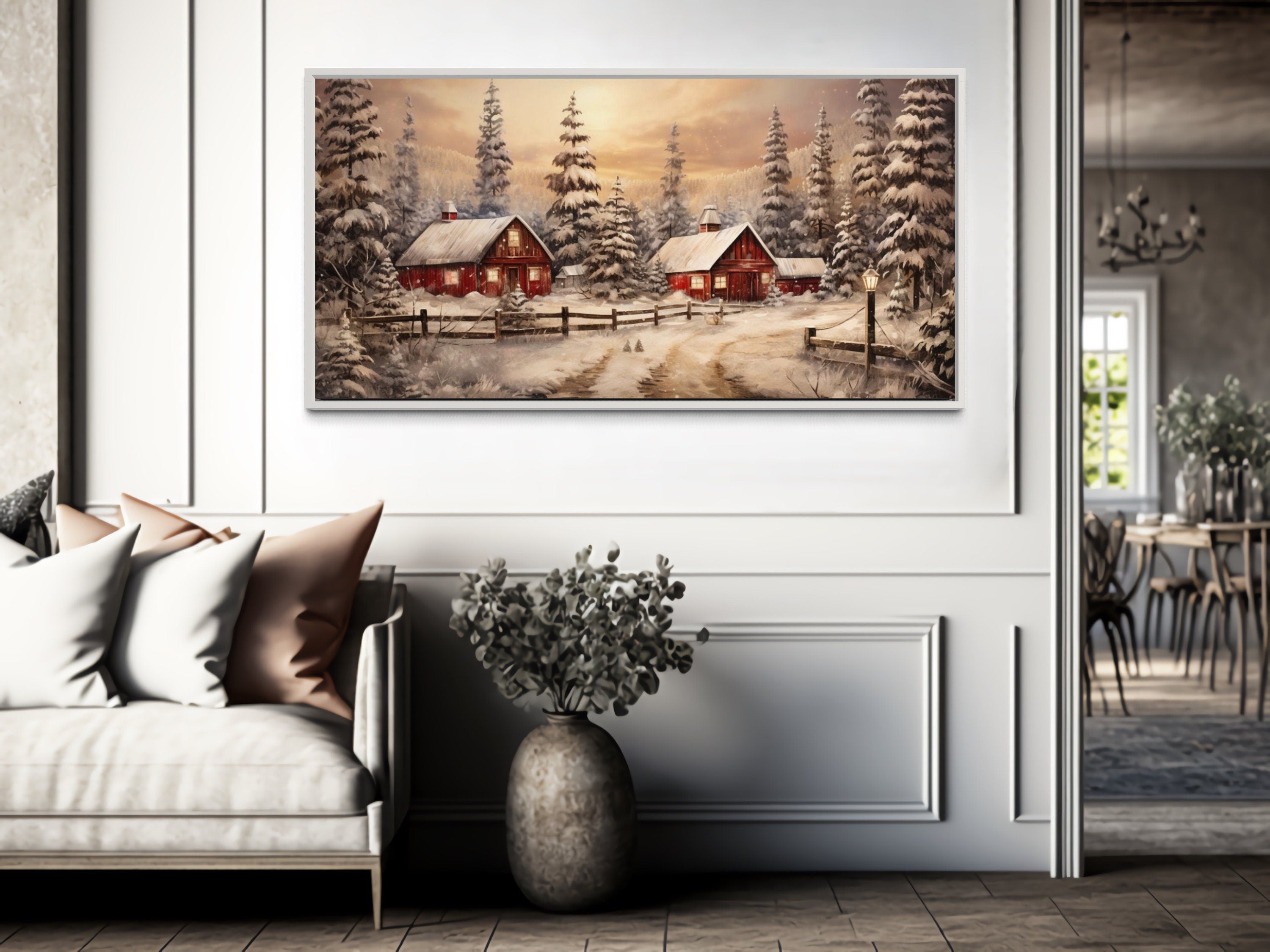 Red Barn Wall Art - Rustic Christmas Farm Art Framed Canvas for Cozy Farmhouse Decor