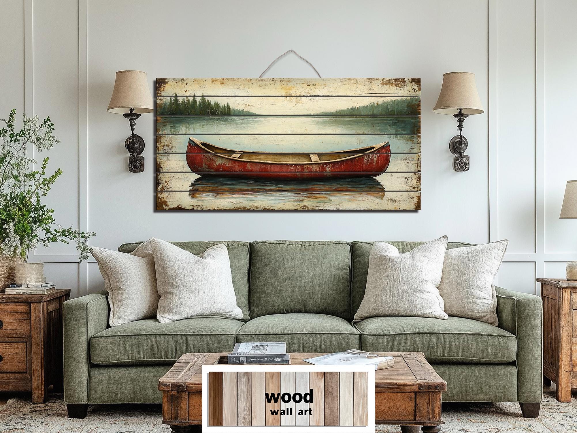 Red Canoe In Lake Distressed Wood Wall Art