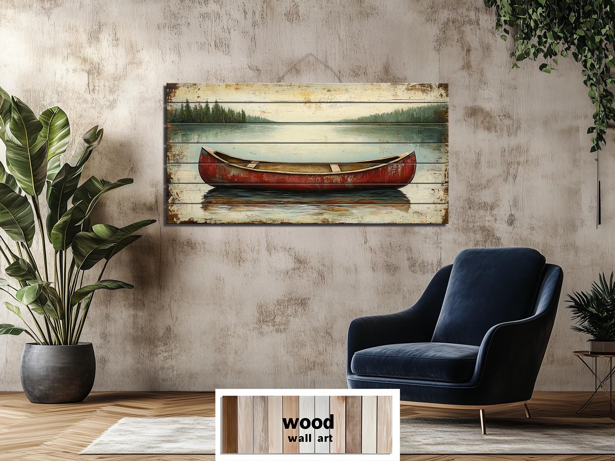 Red Canoe In Lake Distressed Wood Wall Art
