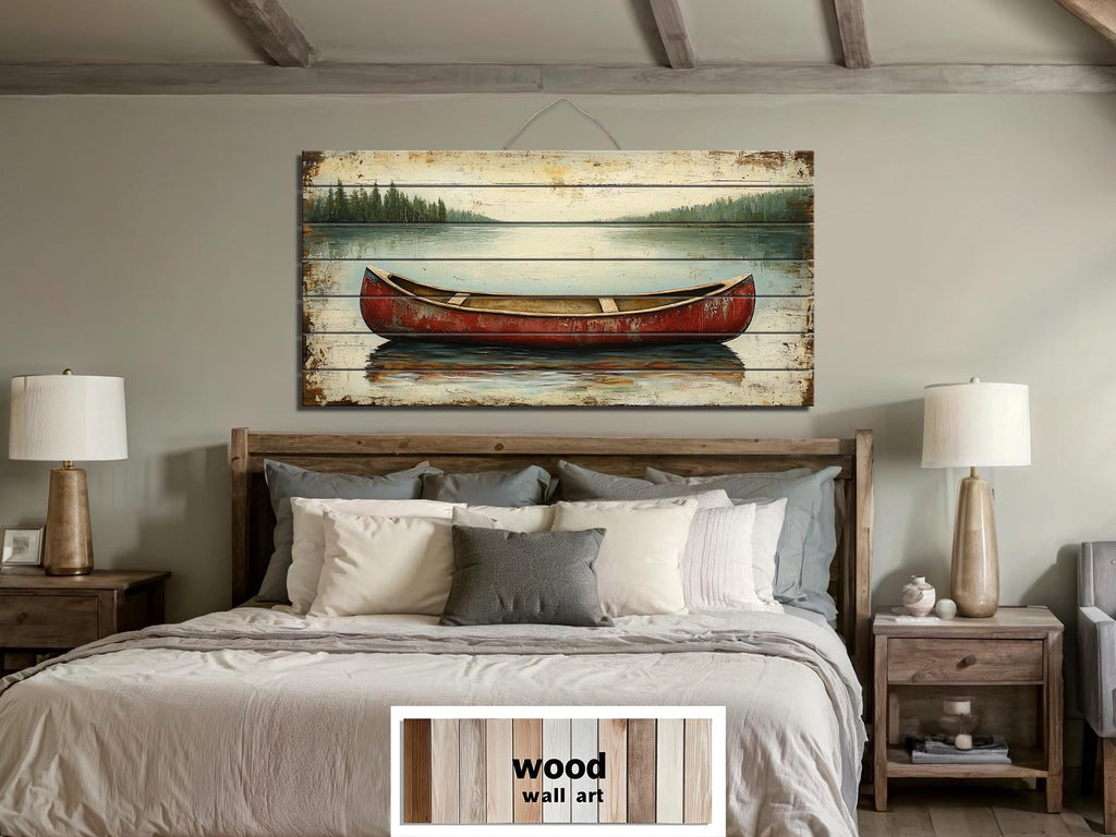 Red Canoe In Lake Distressed Wood Wall Art