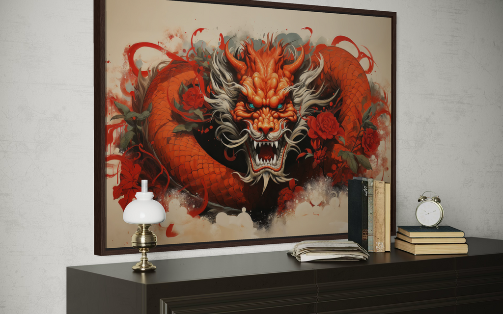 Red Dragon Graffiti Framed Canvas Wall Art For Man Cave Decor