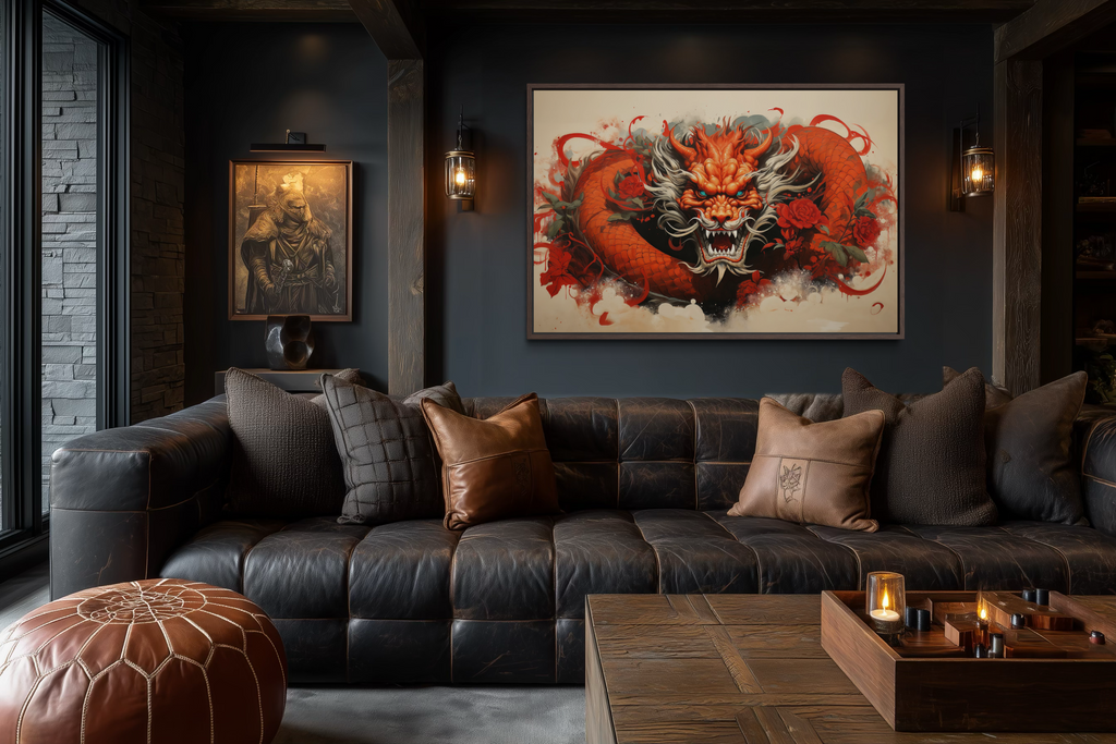 Red Dragon Graffiti Framed Canvas Wall Art For Man Cave Decor