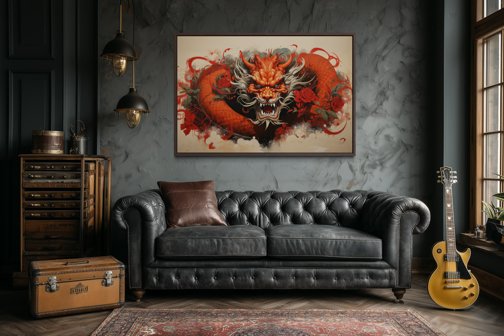 Red Dragon Graffiti Framed Canvas Wall Art For Man Cave Decor