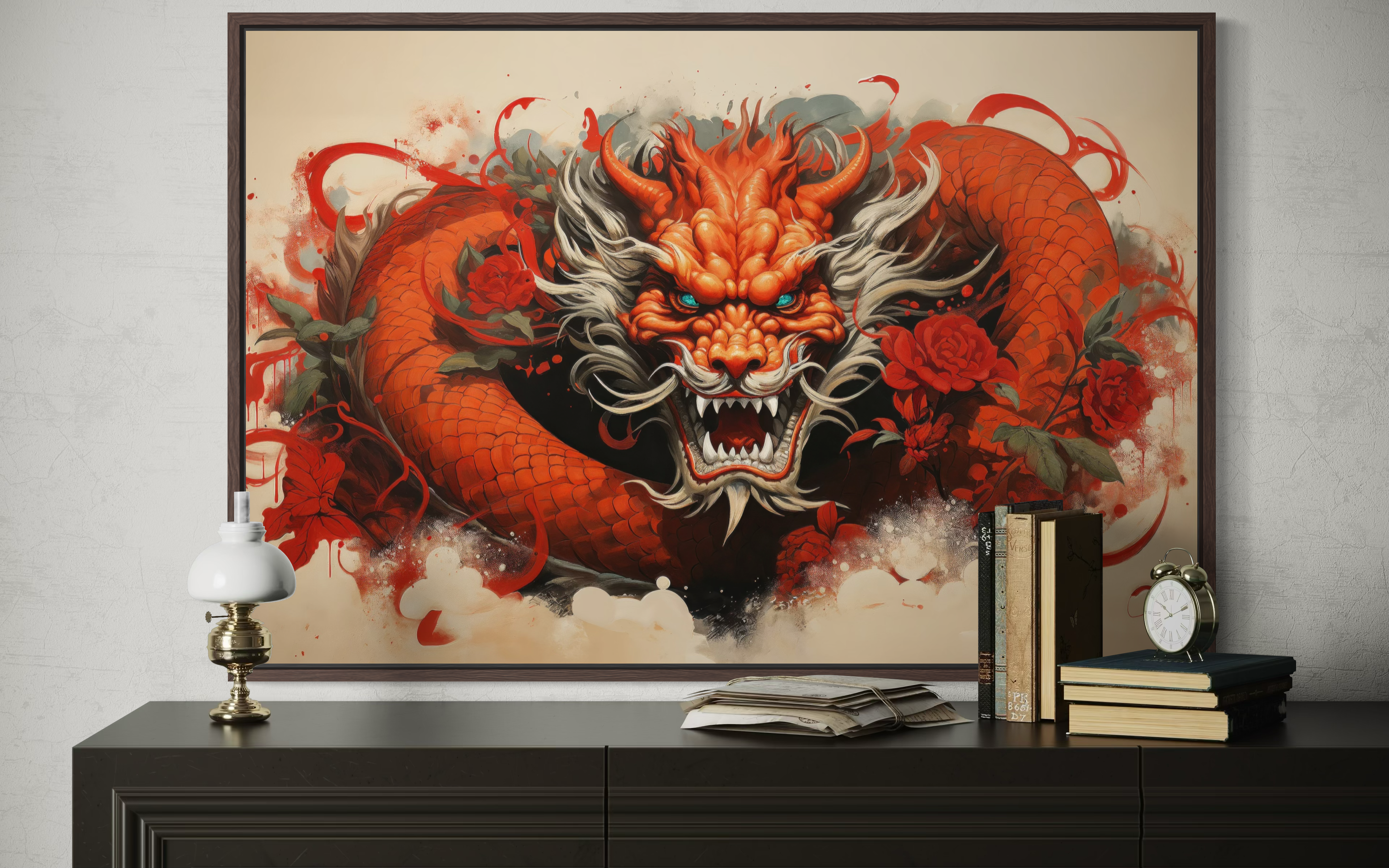 Red Dragon Graffiti Framed Canvas Wall Art For Man Cave Decor