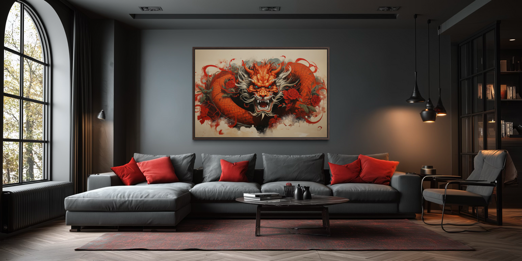 Red Dragon Graffiti Framed Canvas Wall Art For Man Cave Decor