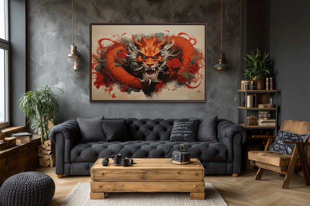 Red Dragon Graffiti Framed Canvas Wall Art For Man Cave Decor