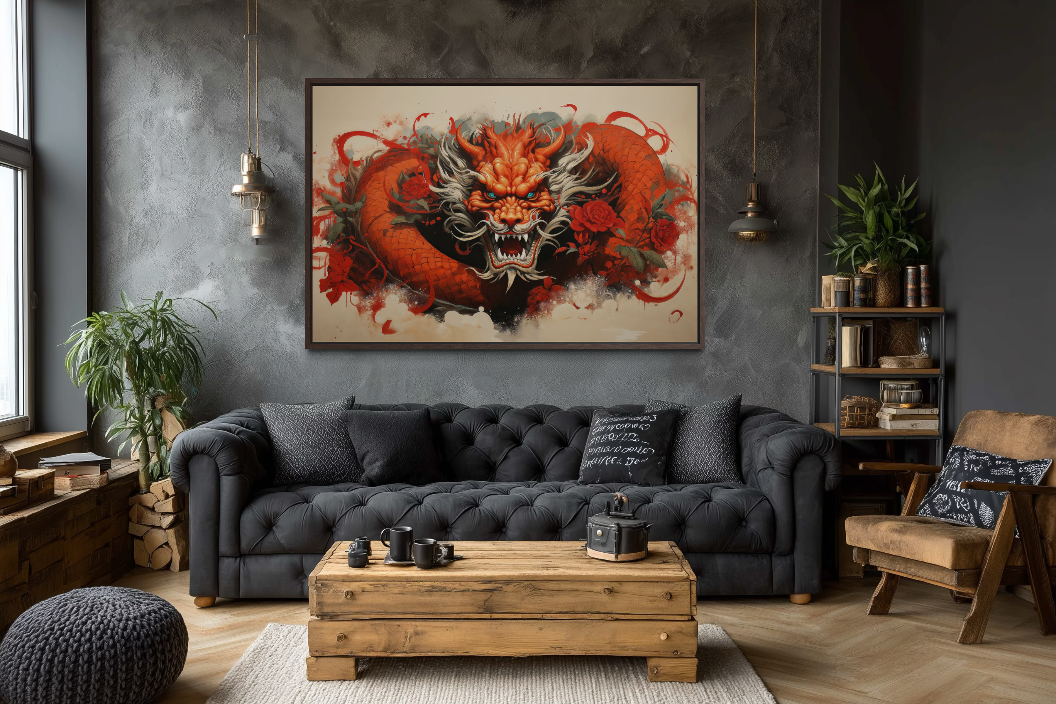 Red Dragon Graffiti Framed Canvas Wall Art For Man Cave Decor
