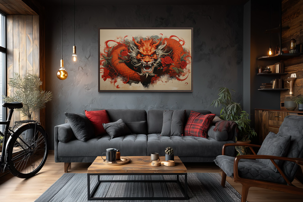 Red Dragon Graffiti Framed Canvas Wall Art For Man Cave Decor