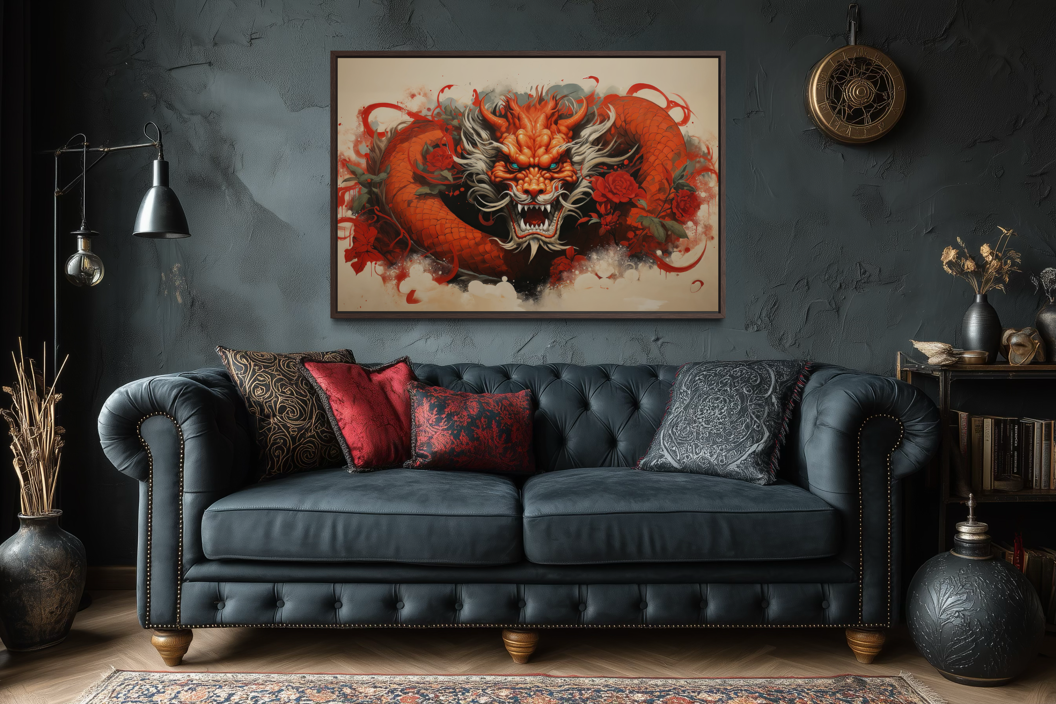 Red Dragon Graffiti Framed Canvas Wall Art For Man Cave Decor