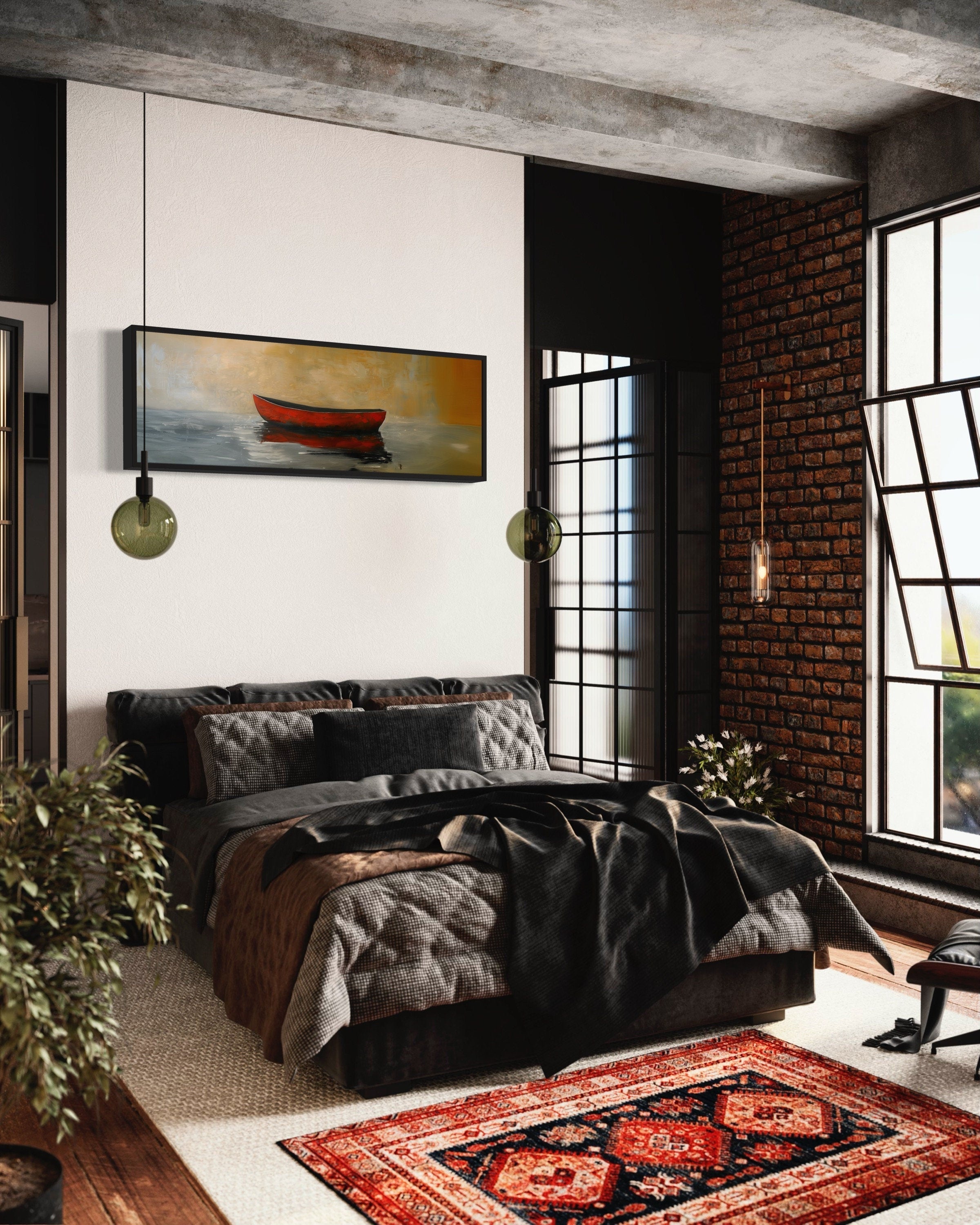 Red Gold Canoe Panting Long Horizontal Living Room Wall Art