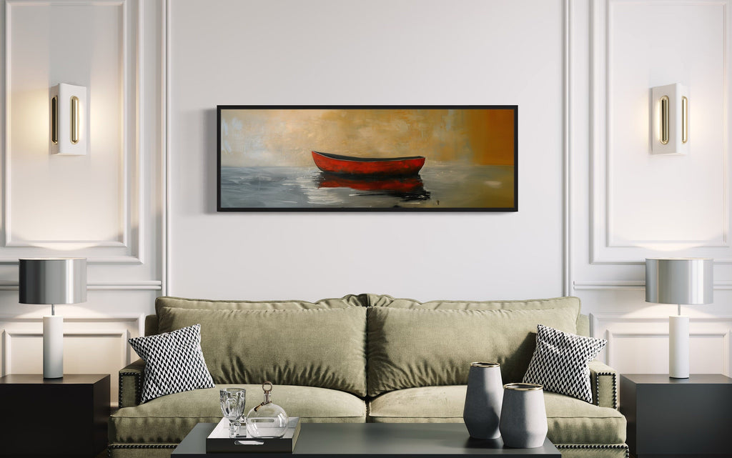 Red Gold Canoe Panting Long Horizontal Living Room Wall Art