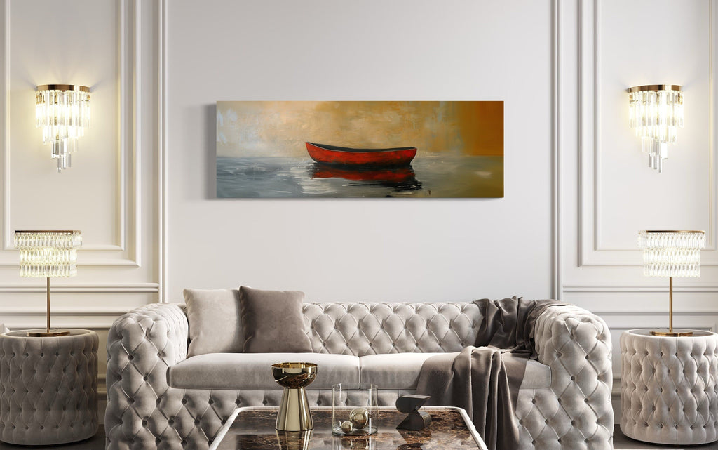 Red Gold Canoe Panting Long Horizontal Living Room Wall Art