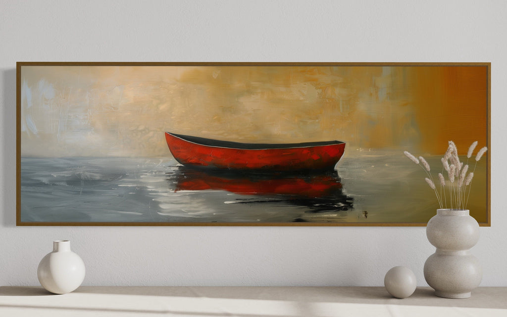 Red Gold Canoe Panting Long Horizontal Living Room Wall Art