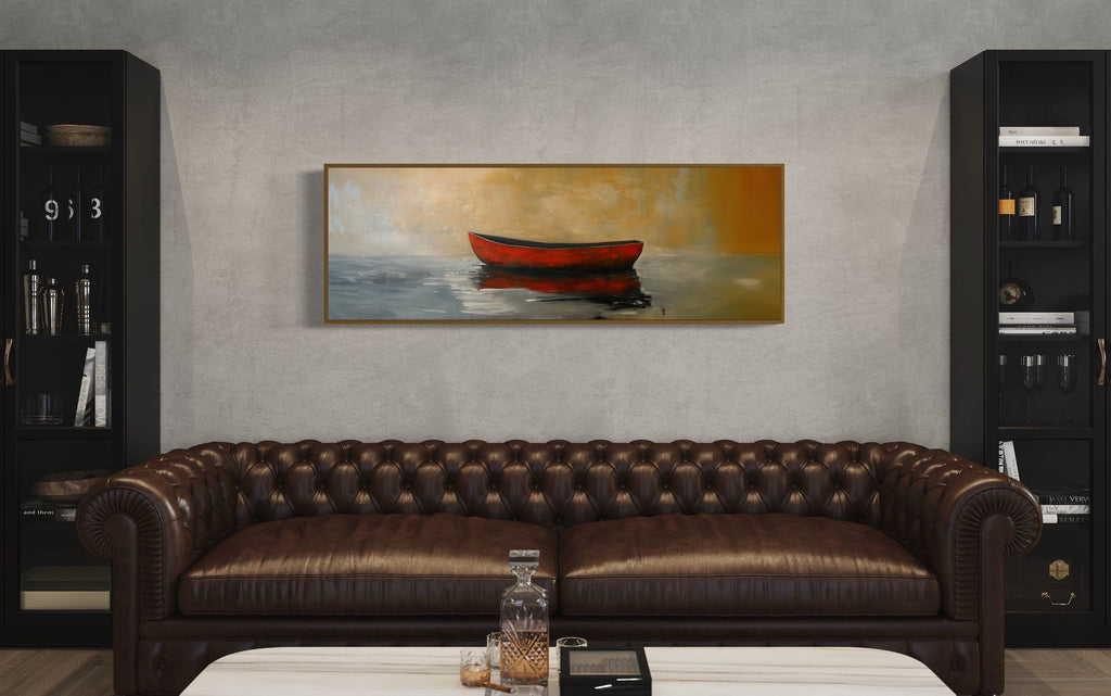Red Gold Canoe Panting Long Horizontal Living Room Wall Art