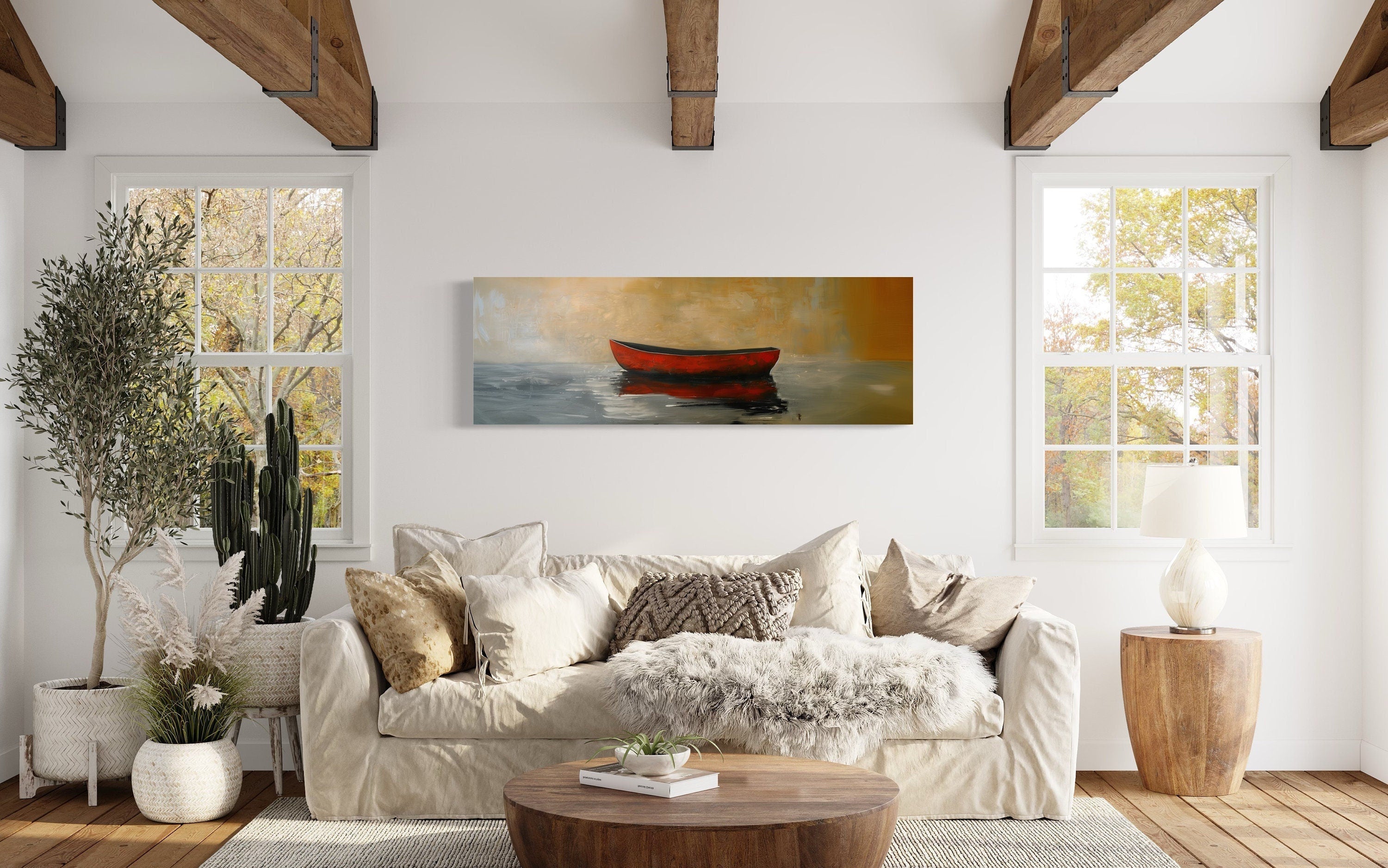 Red Gold Canoe Panting Long Horizontal Living Room Wall Art