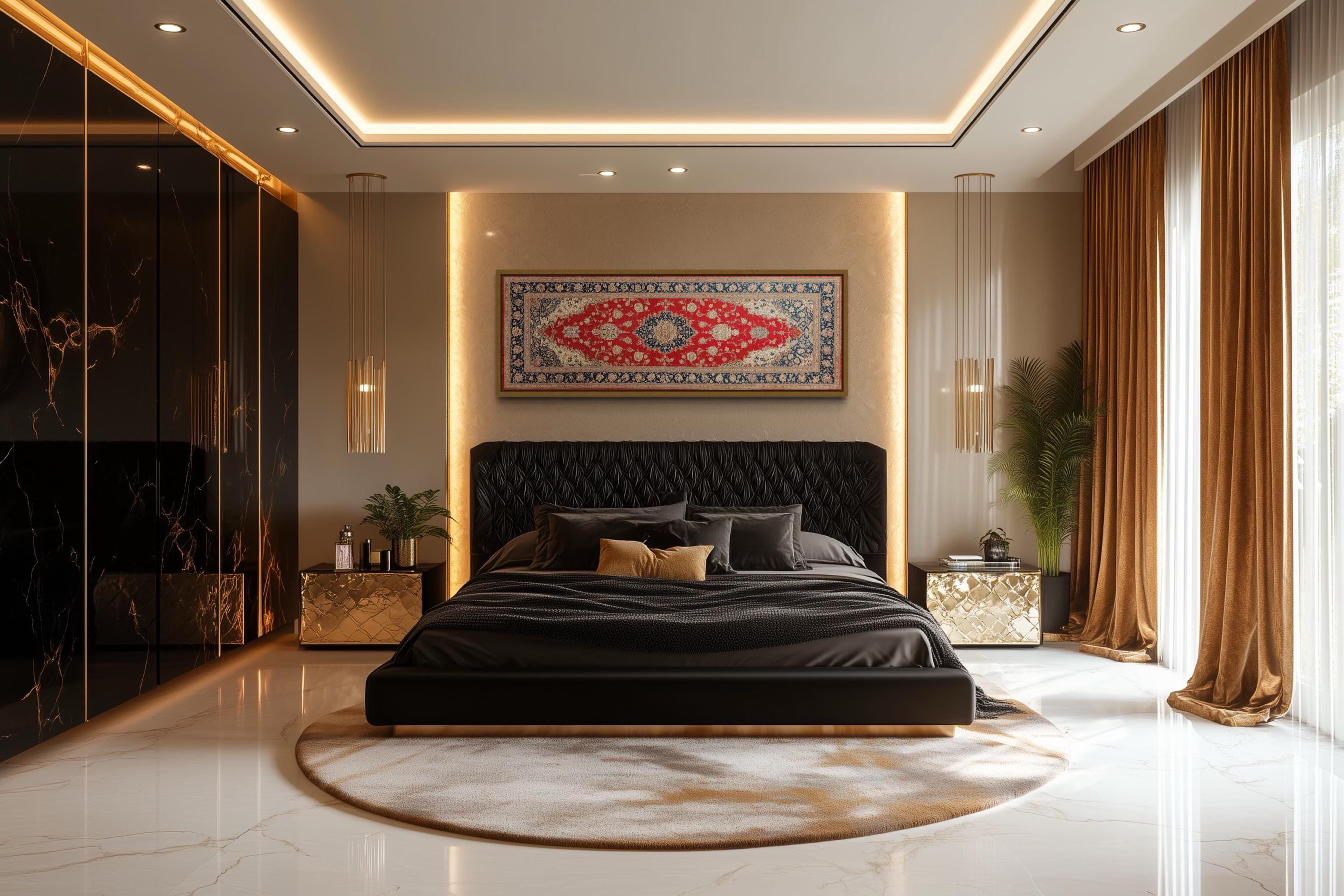Red Gold Persian Rug Long Horizontal Canvas Wall Art