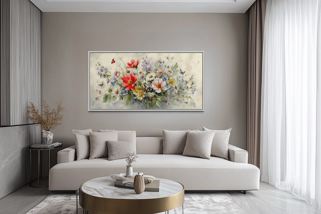 Red Wildflowers Bouquet Watercolor Botanical Framed Canvas Wall Art