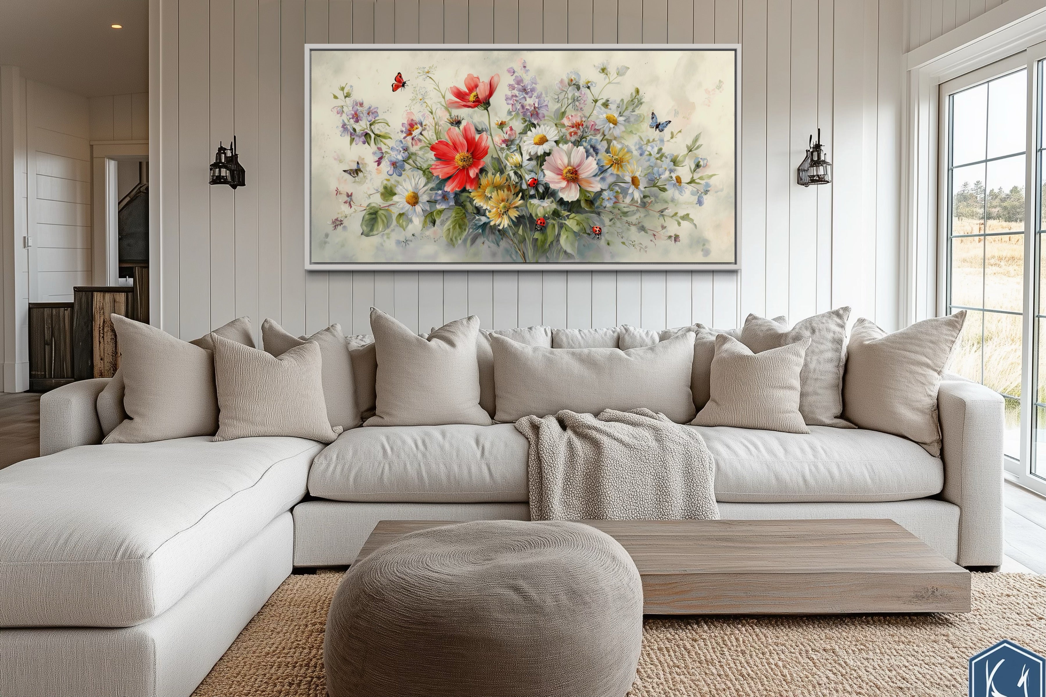 Red Wildflowers Bouquet Watercolor Botanical Framed Canvas Wall Art