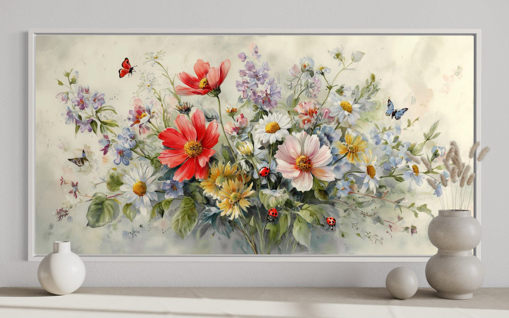 Red Wildflowers Bouquet Watercolor Botanical Framed Canvas Wall Art