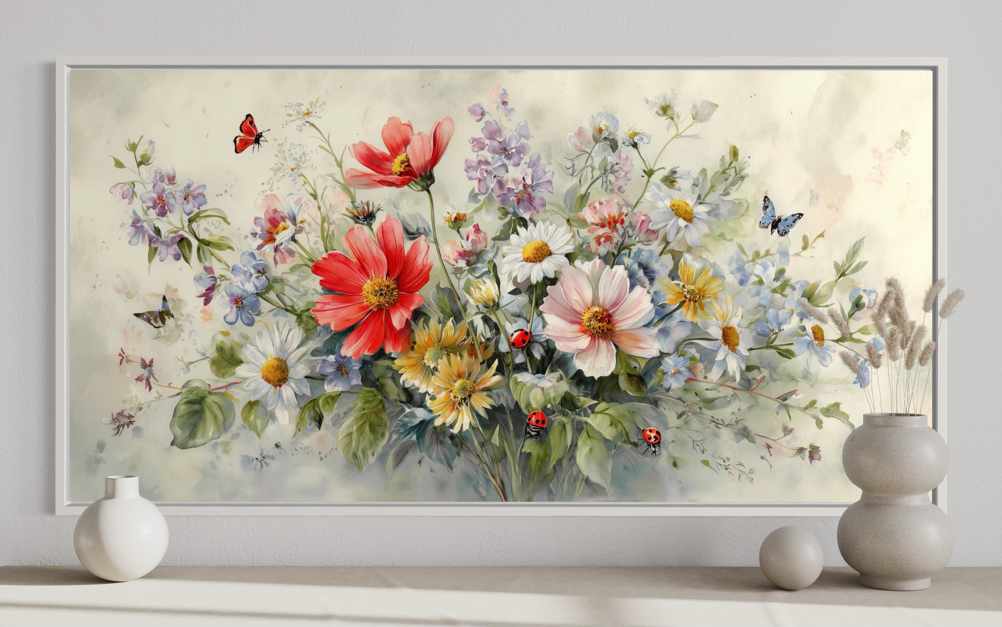Red Wildflowers Bouquet Watercolor Botanical Framed Canvas Wall Art