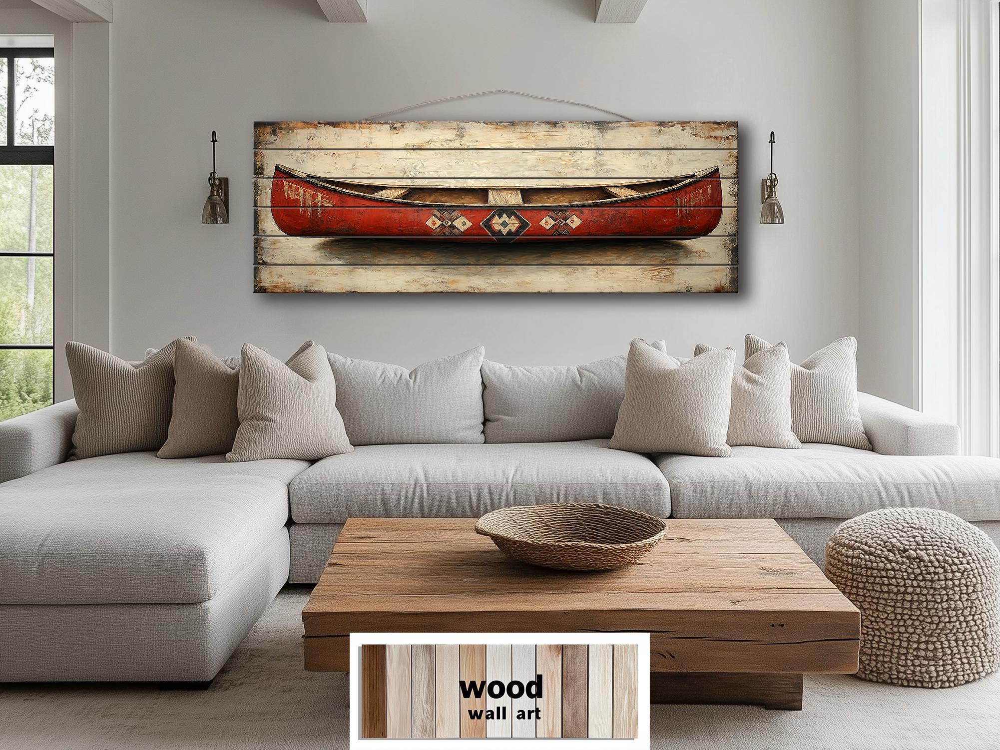 Red Wooden Canoe Wall Art Long Horizontal Rustic Lodge Decor