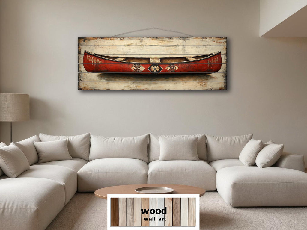 Red Wooden Canoe Wall Art Long Horizontal Rustic Lodge Decor
