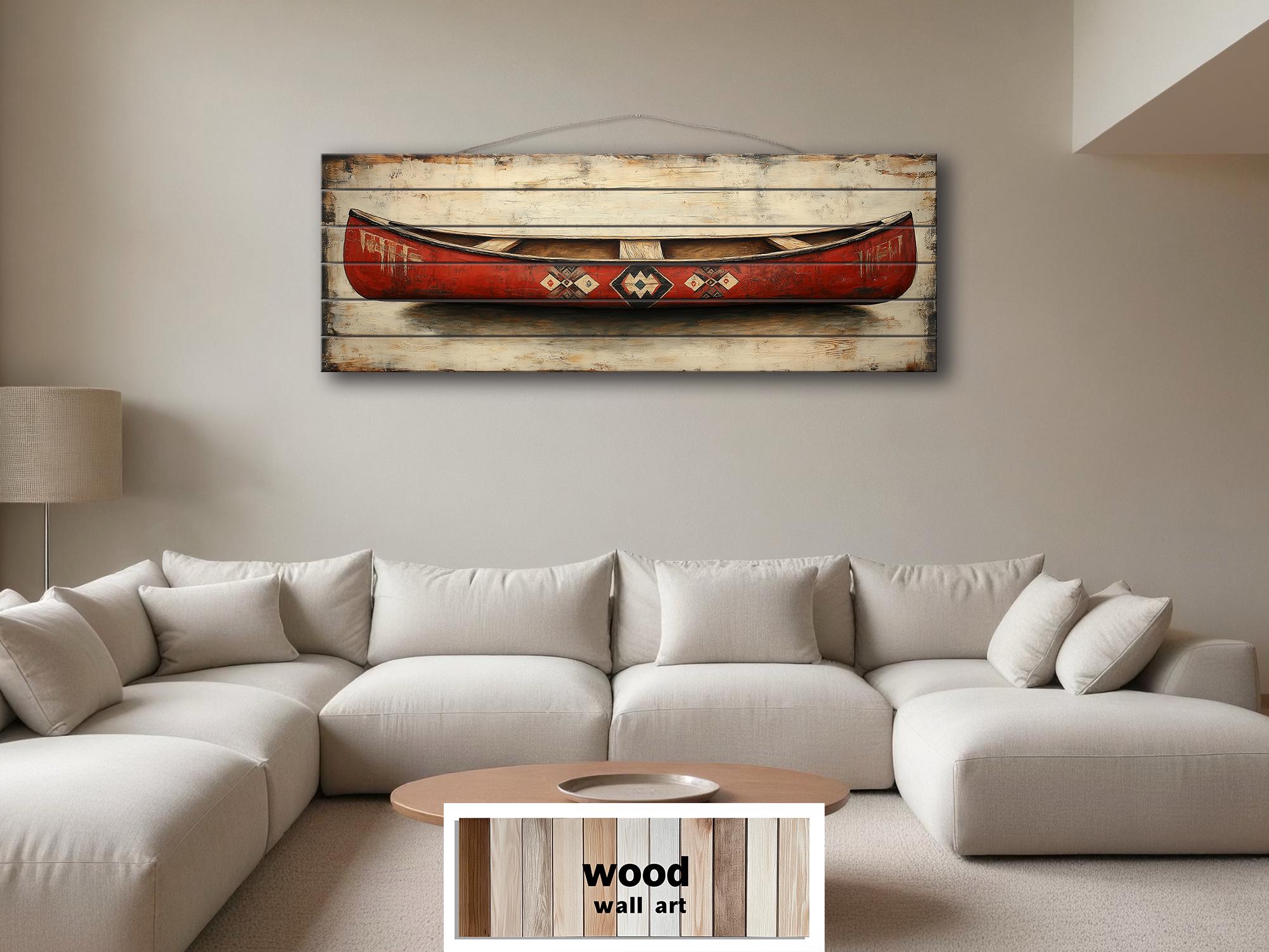 Red Wooden Canoe Wall Art Long Horizontal Rustic Lodge Decor
