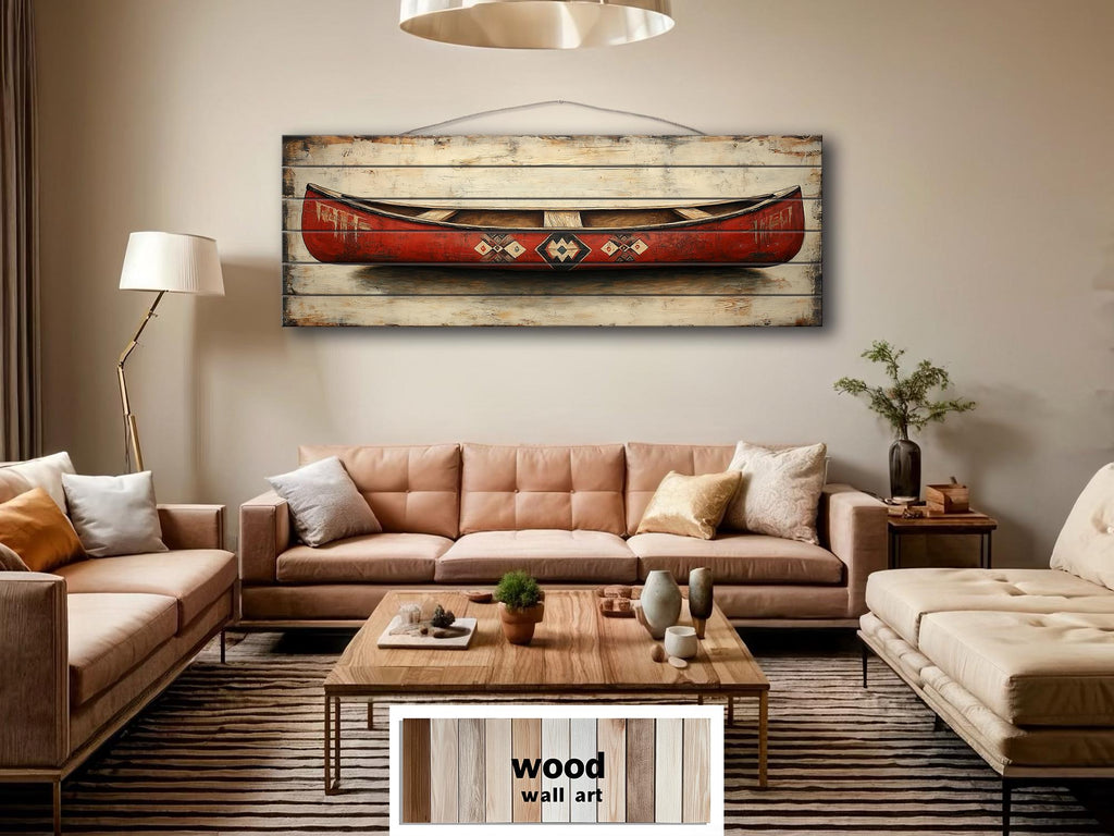 Red Wooden Canoe Wall Art Long Horizontal Rustic Lodge Decor