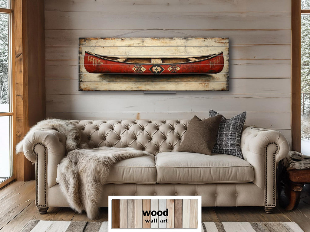 Red Wooden Canoe Wall Art Long Horizontal Rustic Lodge Decor