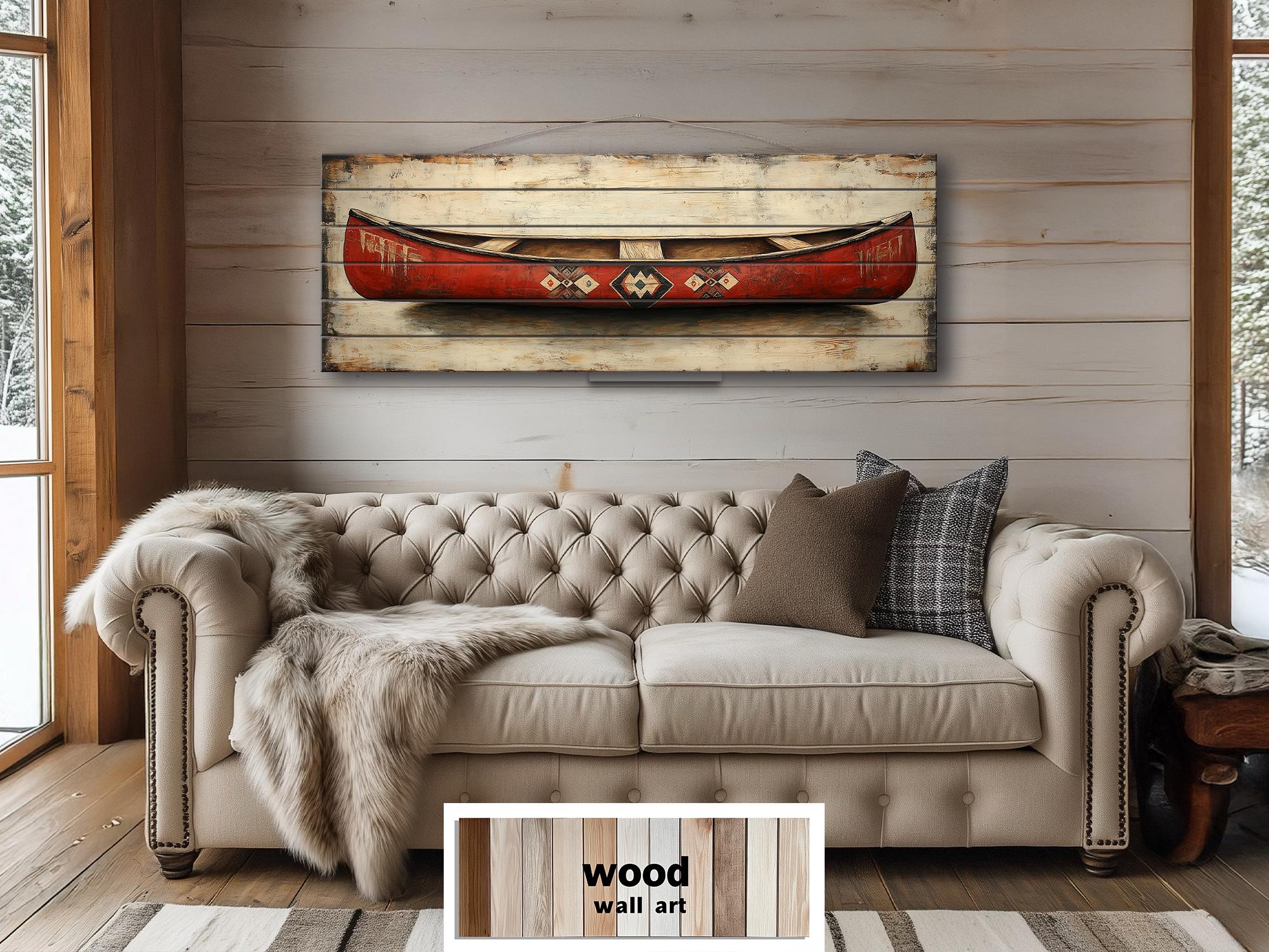 Red Wooden Canoe Wall Art Long Horizontal Rustic Lodge Decor