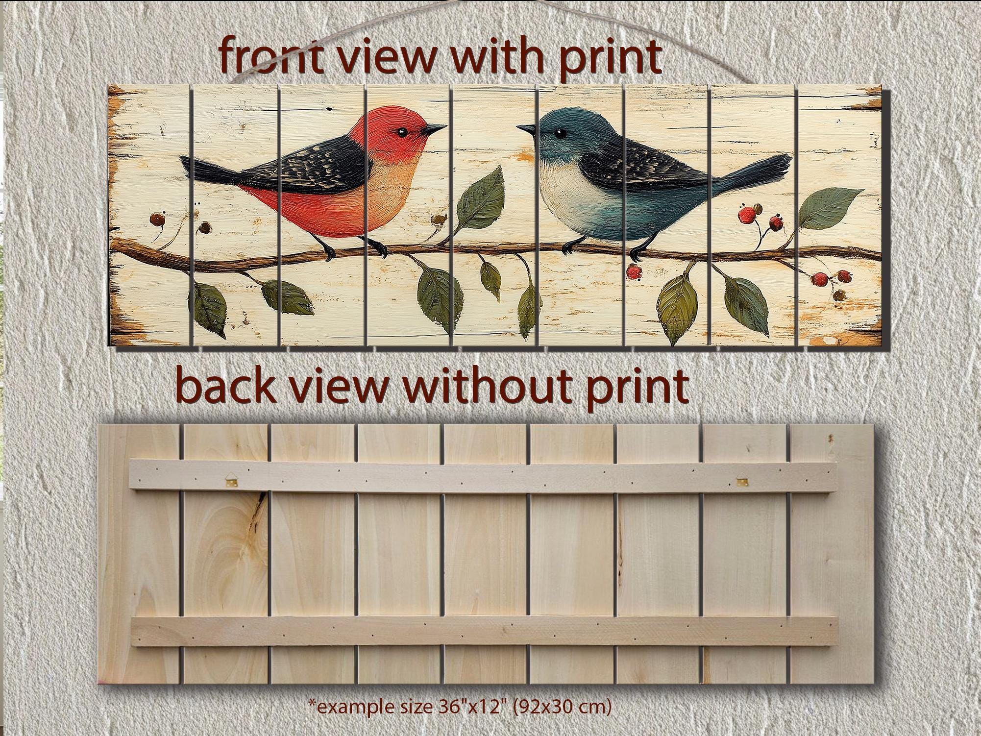 Red and Blue Birds on Branch Long Horizontal Distressed Wood Wall Art