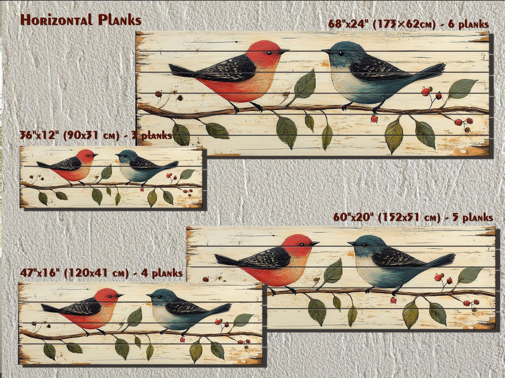 Red and Blue Birds on Branch Long Horizontal Distressed Wood Wall Art