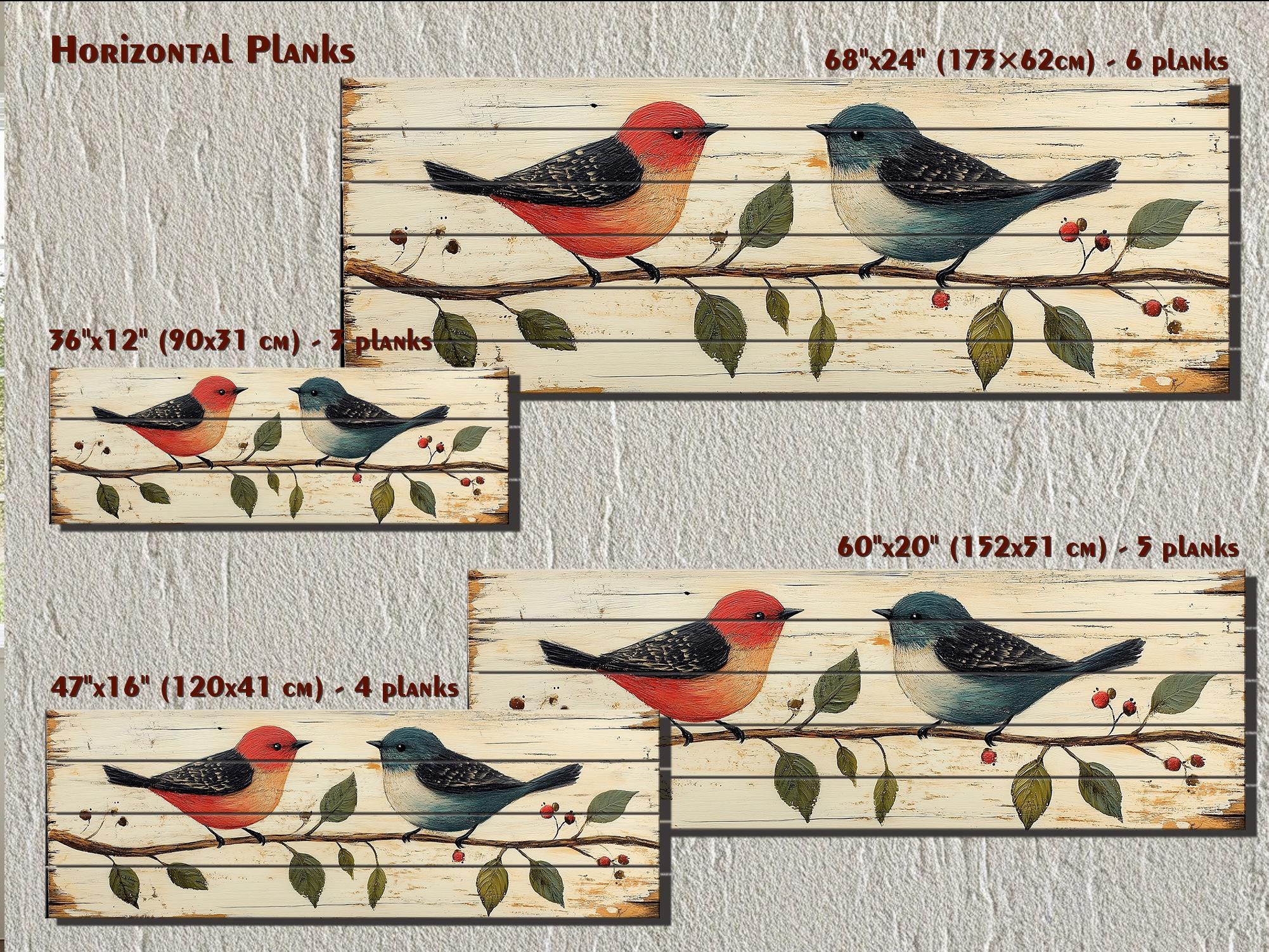Red and Blue Birds on Branch Long Horizontal Distressed Wood Wall Art