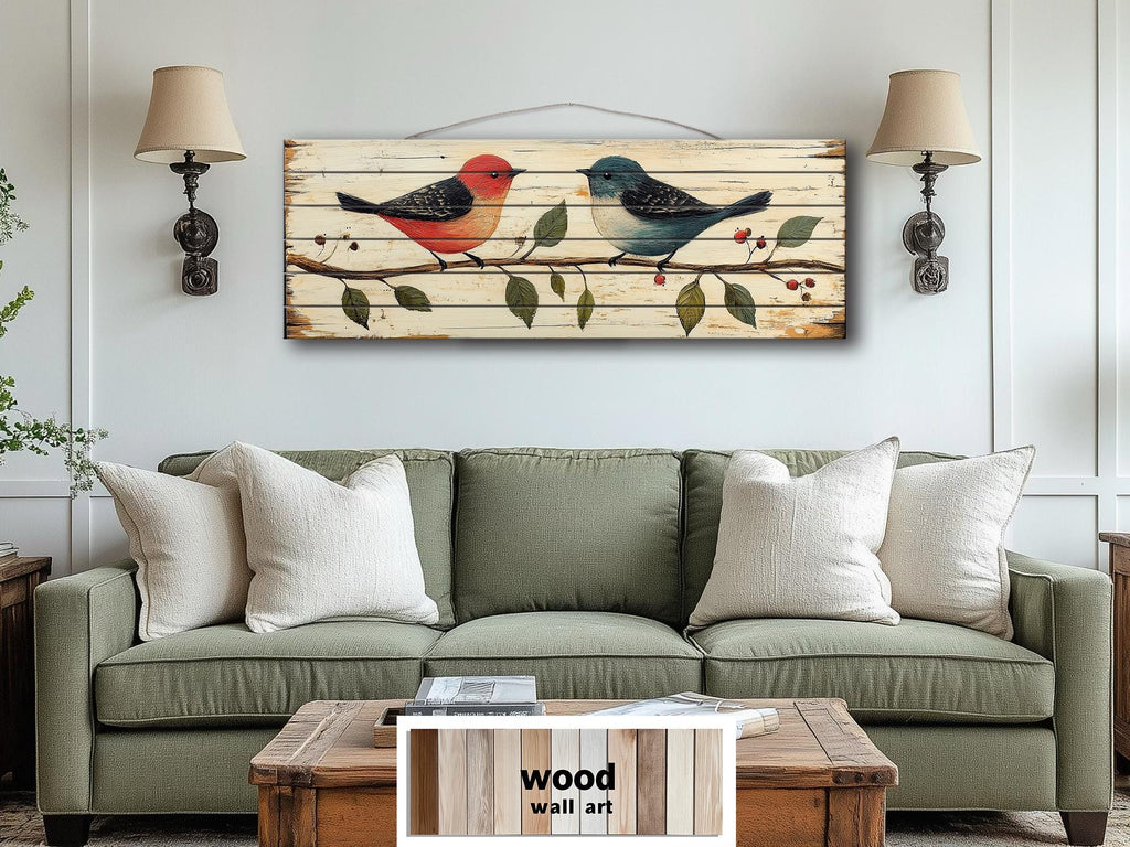 Red and Blue Birds on Branch Long Horizontal Distressed Wood Wall Art