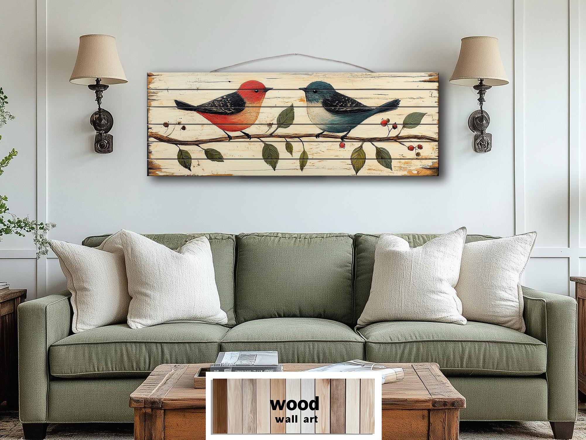 Red and Blue Birds on Branch Long Horizontal Distressed Wood Wall Art
