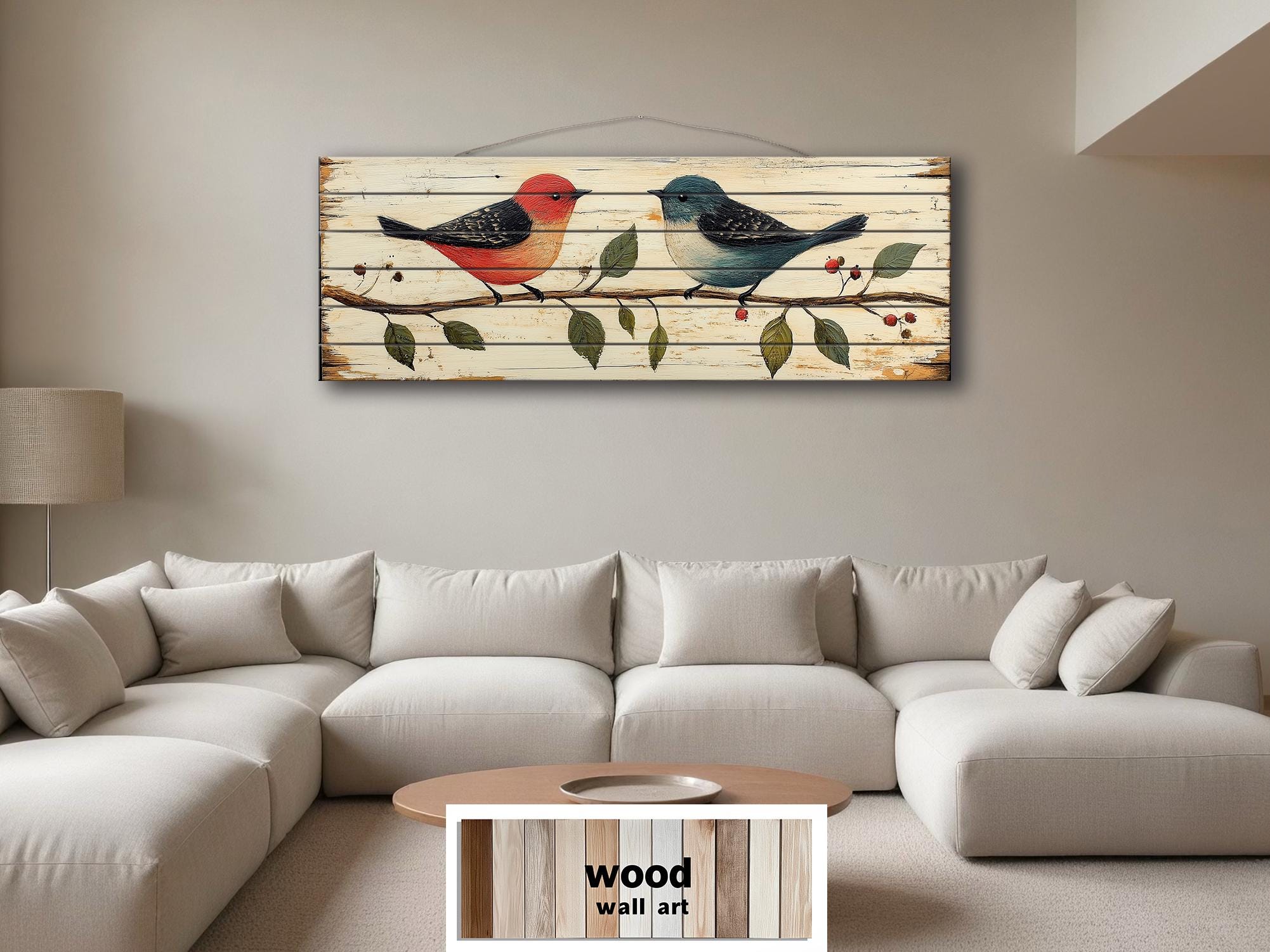 Red and Blue Birds on Branch Long Horizontal Distressed Wood Wall Art