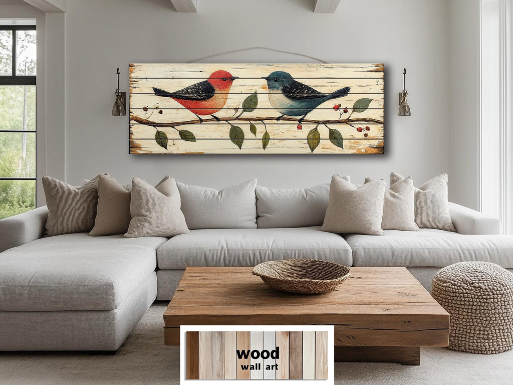 Red and Blue Birds on Branch Long Horizontal Distressed Wood Wall Art