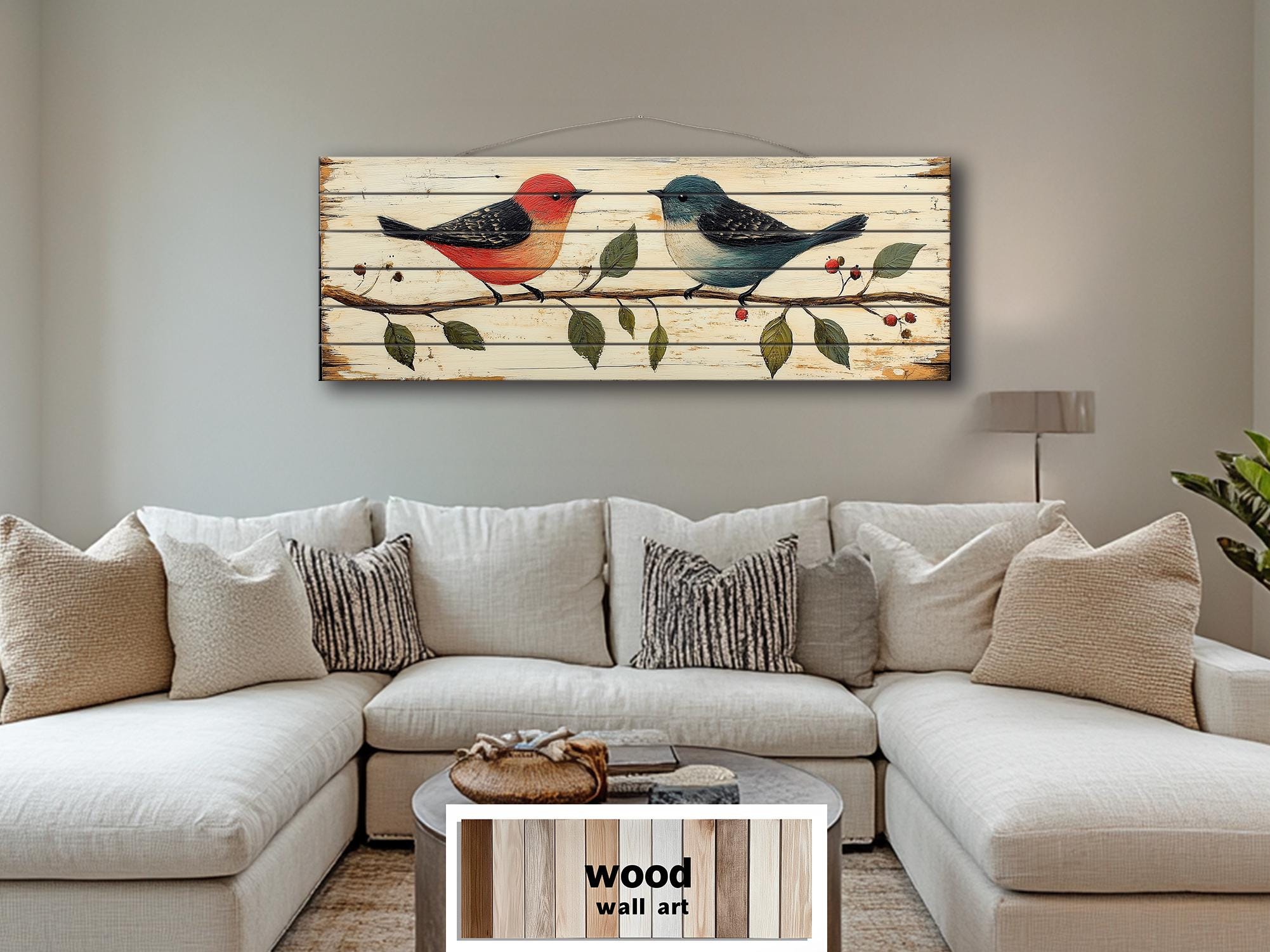 Red and Blue Birds on Branch Long Horizontal Distressed Wood Wall Art