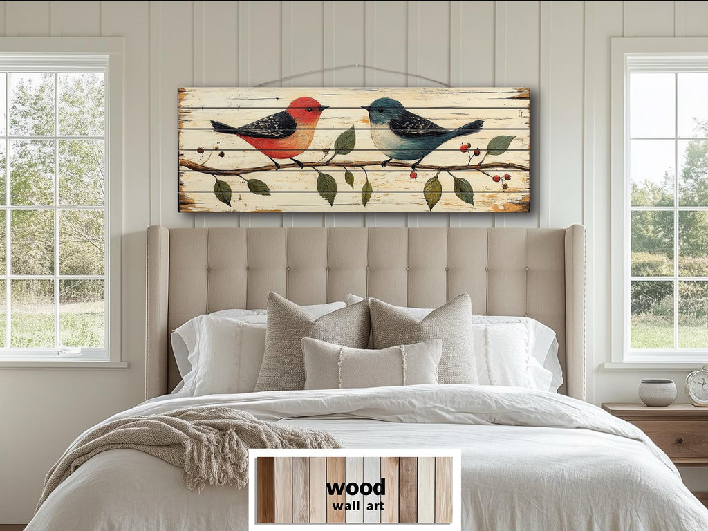 Red and Blue Birds on Branch Long Horizontal Distressed Wood Wall Art