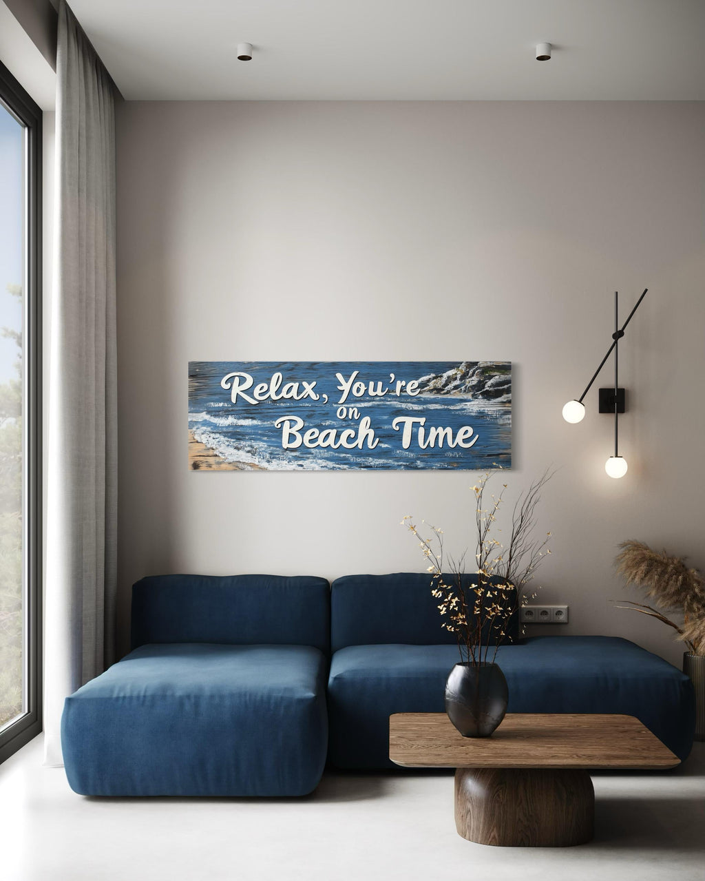 Relax You’re On Beach Time Long Horizontal  Rustic Sign Over Bed Coastal Wall Art