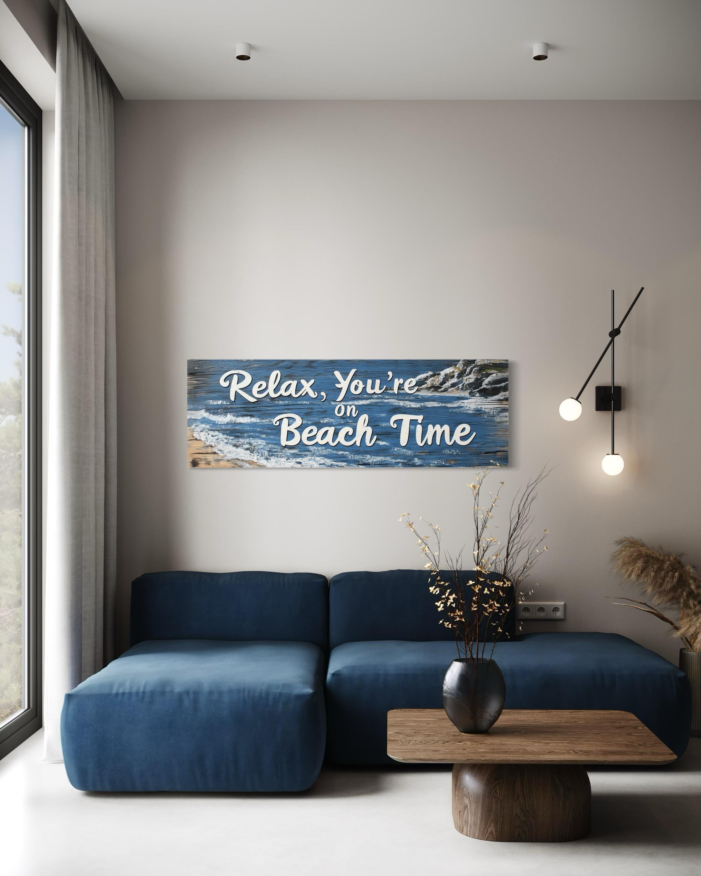 Relax You’re On Beach Time Long Horizontal  Rustic Sign Over Bed Coastal Wall Art
