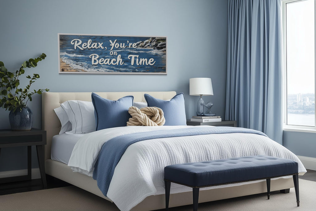 Relax You’re On Beach Time Long Horizontal  Rustic Sign Over Bed Coastal Wall Art