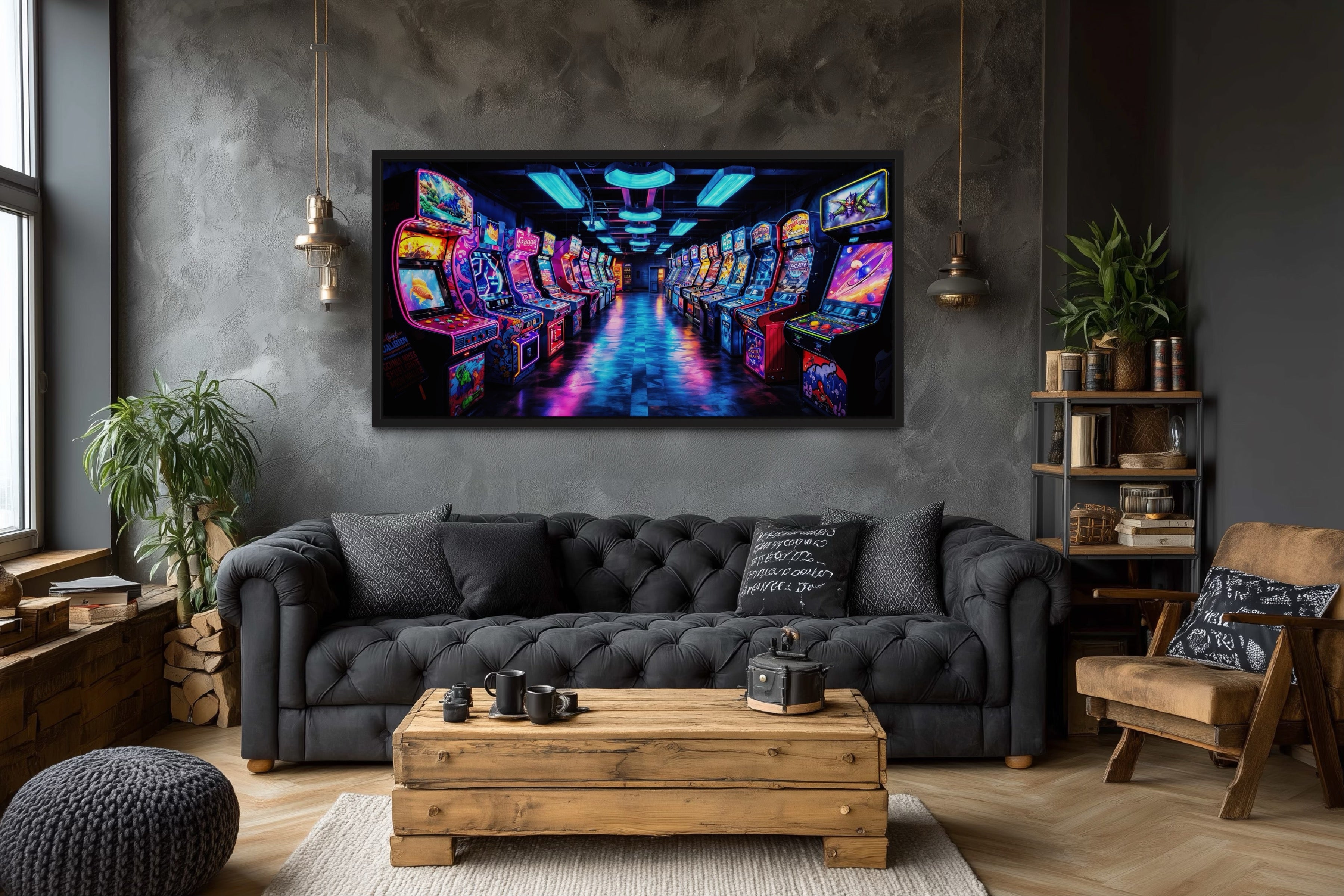Retro Arcade Wall Art - Framed Canvas Print for Gaming Room Decor