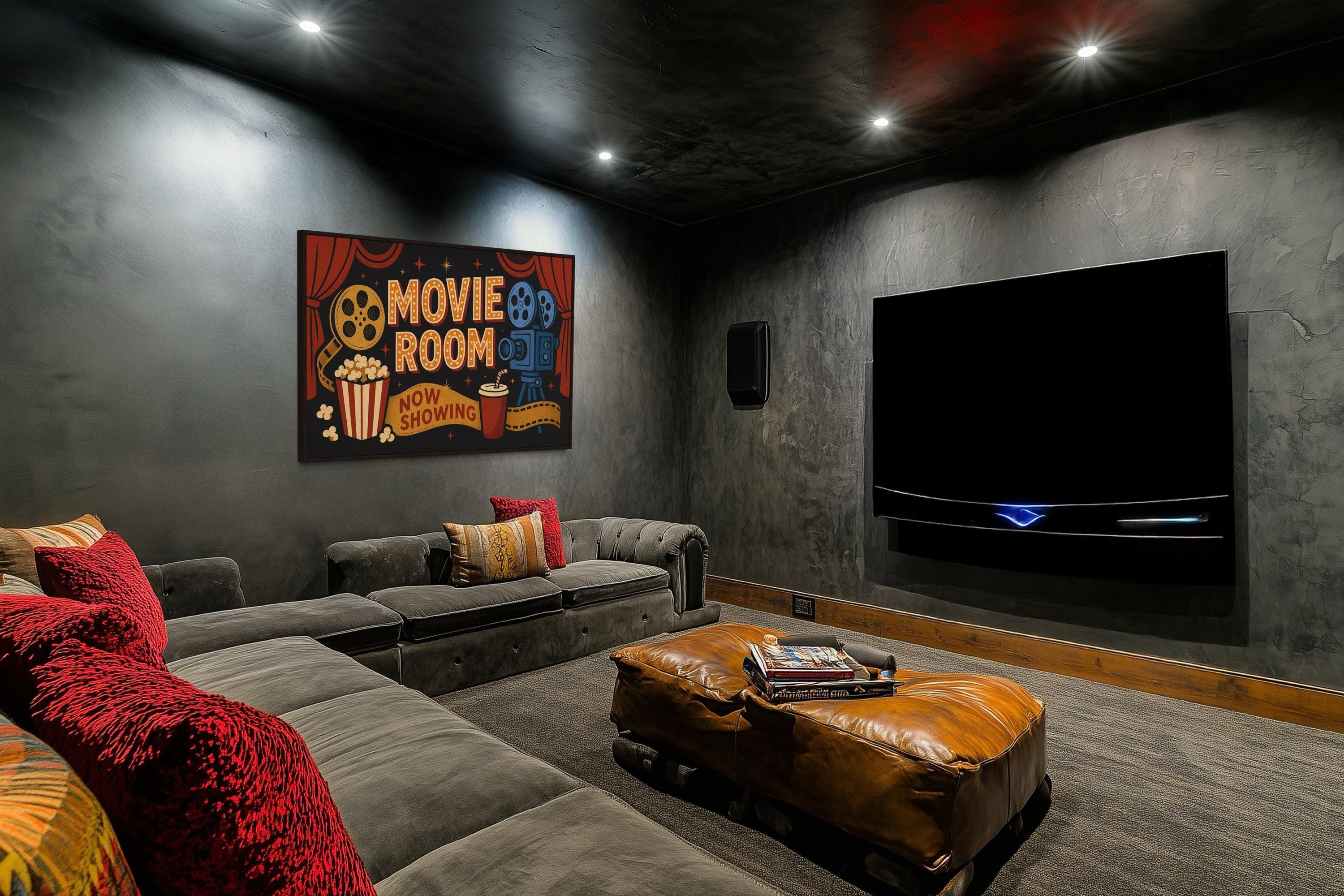 Retro Movie Room Sign With Popcorn, Camera And Drink Canvas Wall Art