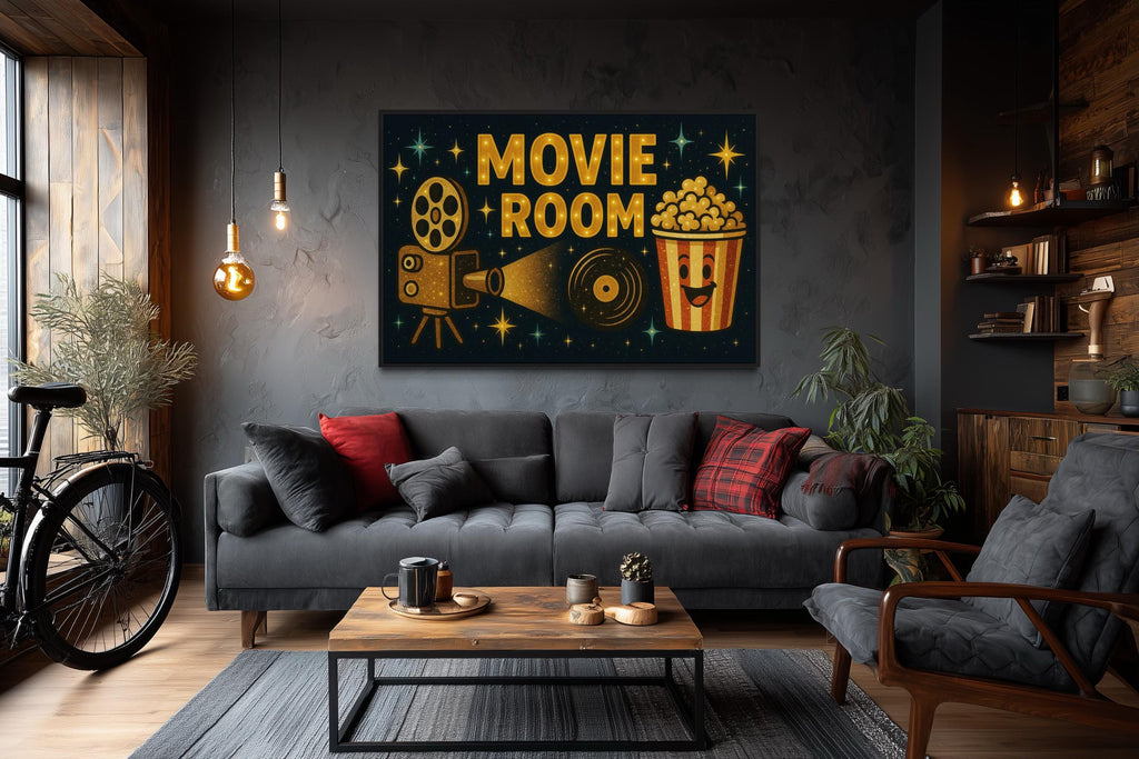 Retro Movie Room Wall Art with Popcorn and Projector