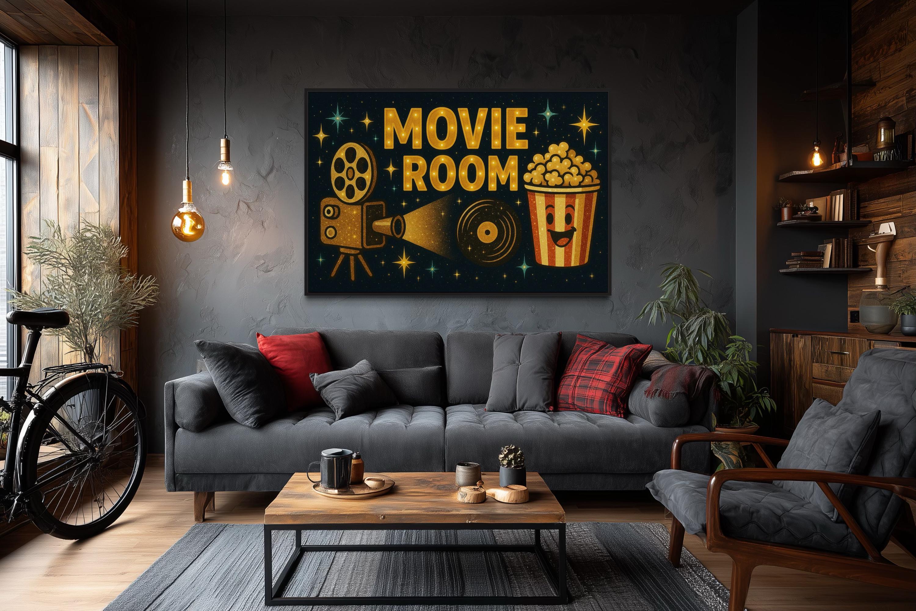 Retro Movie Room Wall Art with Popcorn and Projector