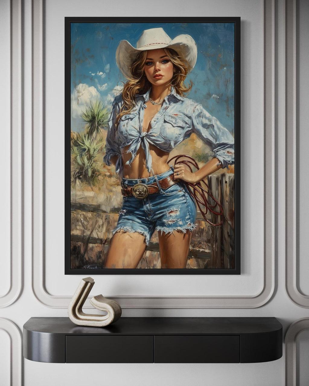 Retro Pin Up Style Cowgirl Framed Canvas Wall Art