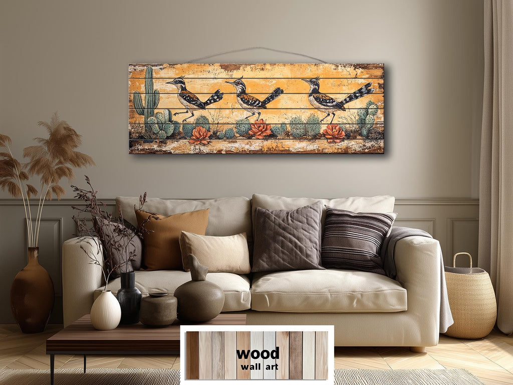 Roadrunners Wood Wall Art - Distressed Wood Print With Cactus & Desert Scene